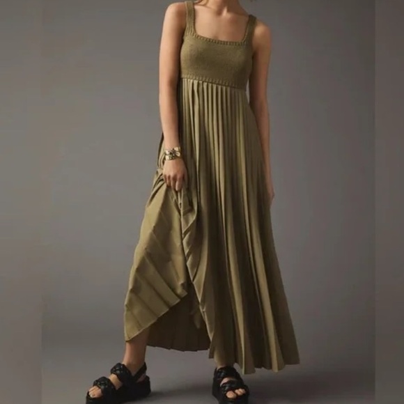 Anthropologie Dresses & Skirts - mare mare x ANTHROPOLOGIE Khaki Pleated Twofer Pleated Sleeveless Maxi Dress M
